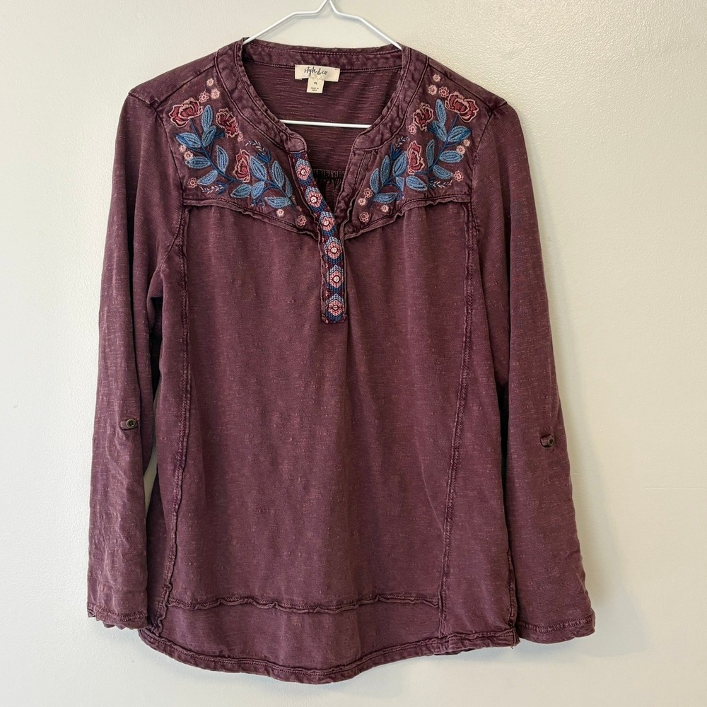 Style & Co Plum Purple Embroidered Slub Knit Roll Tab Sleeve Top Petite Large